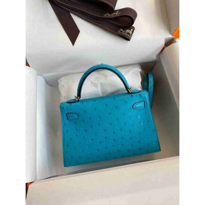 Hermes Kelly Mini II Sellier Handmade Bag in Turquoise Blue Ostrich Leather