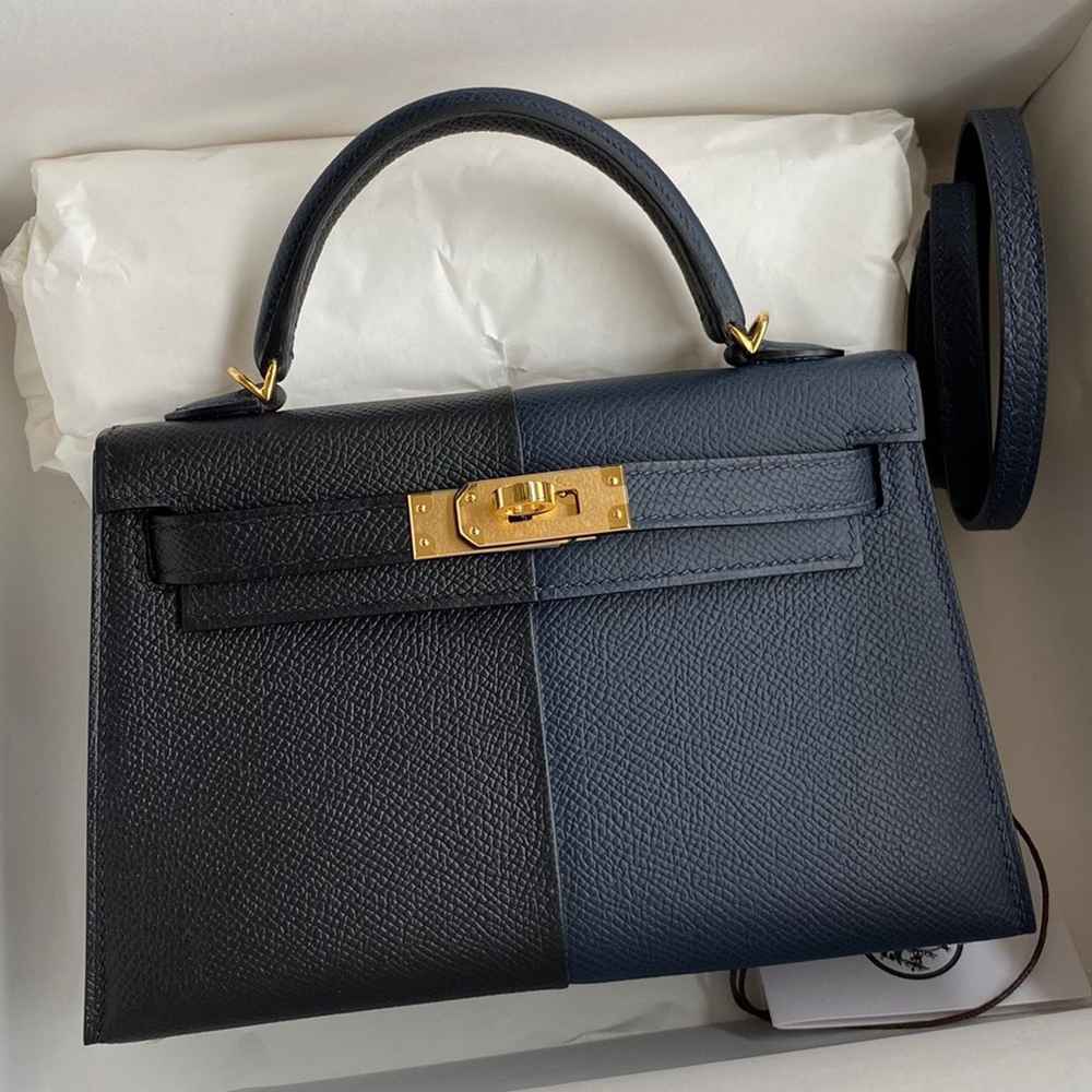 Hermes Kelly Mini II Sellier Tri-color Bag In Black Blue Indigo Red Calfskin