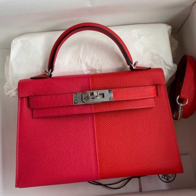 Hermes Kelly Mini II Sellier Tri-color Bag In Red Rose Extreme Blue Epsom Calfskin