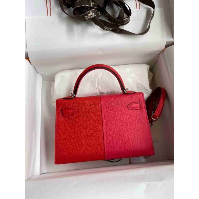 Hermes Kelly Mini II Sellier Tri-color Bag In Red Rose Extreme Blue Epsom Calfskin