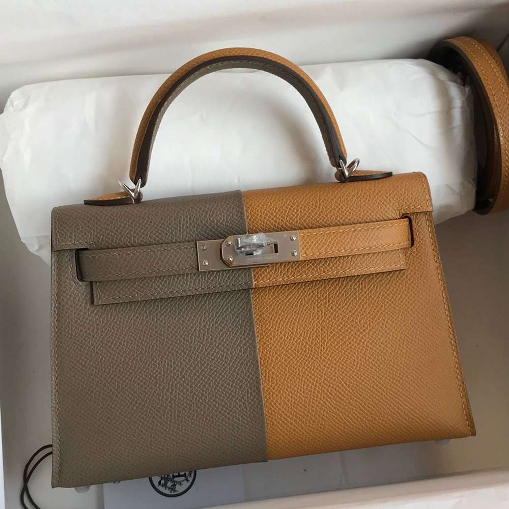 Hermes Kelly Mini II Sellier Tri-color Bag In Taupe Sesame Blue Nuit Epsom Calfskin