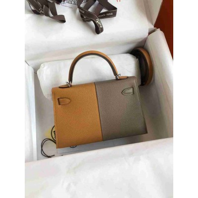 Hermes Kelly Mini II Sellier Tri-color Bag In Taupe Sesame Blue Nuit Epsom Calfskin