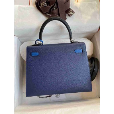Hermes Kelly Sellier 25 Bicolor Bag in Blue Saphir and Blue France Epsom Calfskin