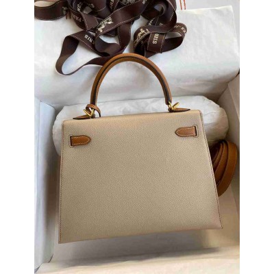 Hermes Kelly Sellier 25 Bicolor Bag in Trench and Craie Epsom Calfskin