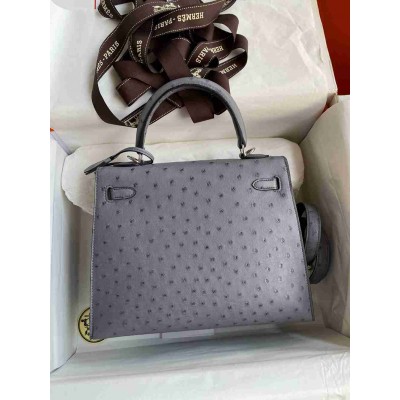 Hermes Kelly Sellier 25 Handmade Bag in Gris Agate Ostrich Leather