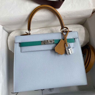 Hermes Kelly Sellier 25 Tricolor Bag in Blue Green SesameEpsom Calfskin
