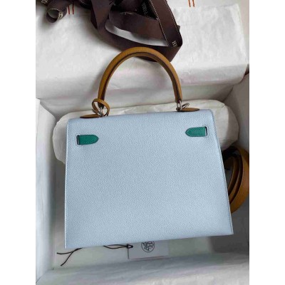 Hermes Kelly Sellier 25 Tricolor Bag in Blue Green SesameEpsom Calfskin