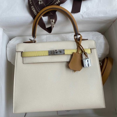 Hermes Kelly Sellier 25 Tricolor Bag in Craie Sesame Yellow Epsom Calfskin