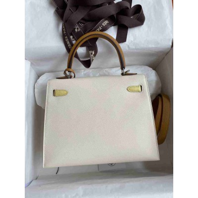 Hermes Kelly Sellier 25 Tricolor Bag in Craie Sesame Yellow Epsom Calfskin