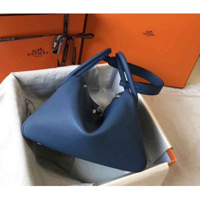 Hermes Lindy 30cm Bag In Blue Agate Clemence Leather