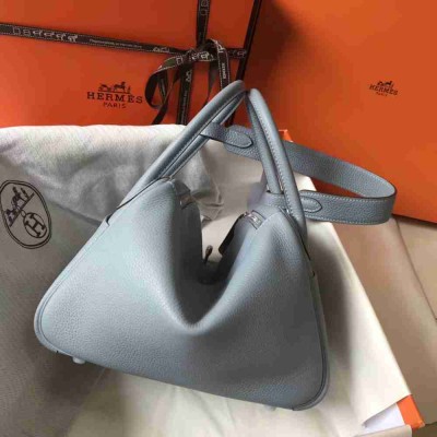 Hermes Lindy 30cm Bag In Blue Lin Clemence Leather
