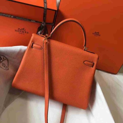 Hermes Orange Clemence Kelly 32cm Retourne Bag