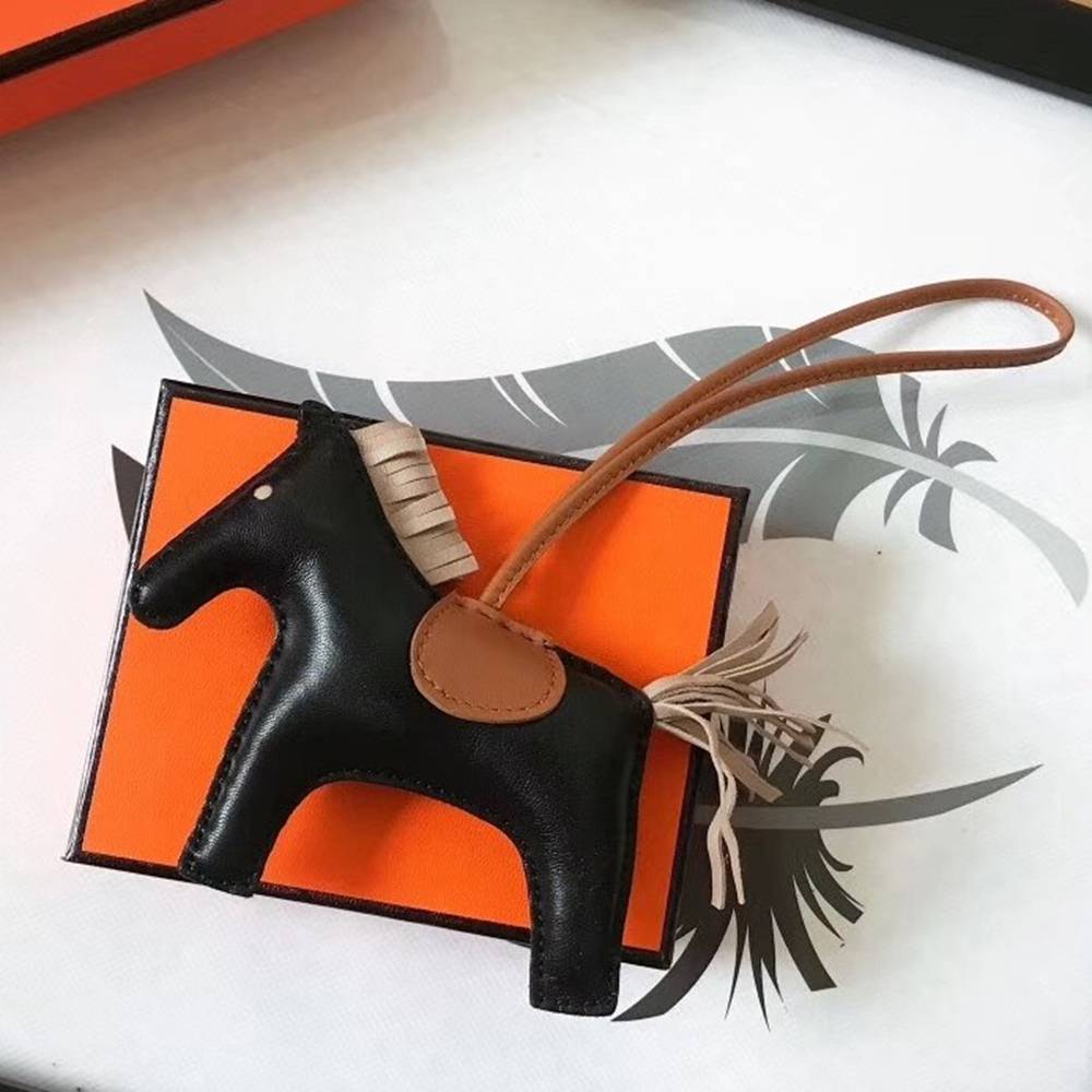 Hermes Rodeo Horse Bag Charm In Black Camarel Grey Leather