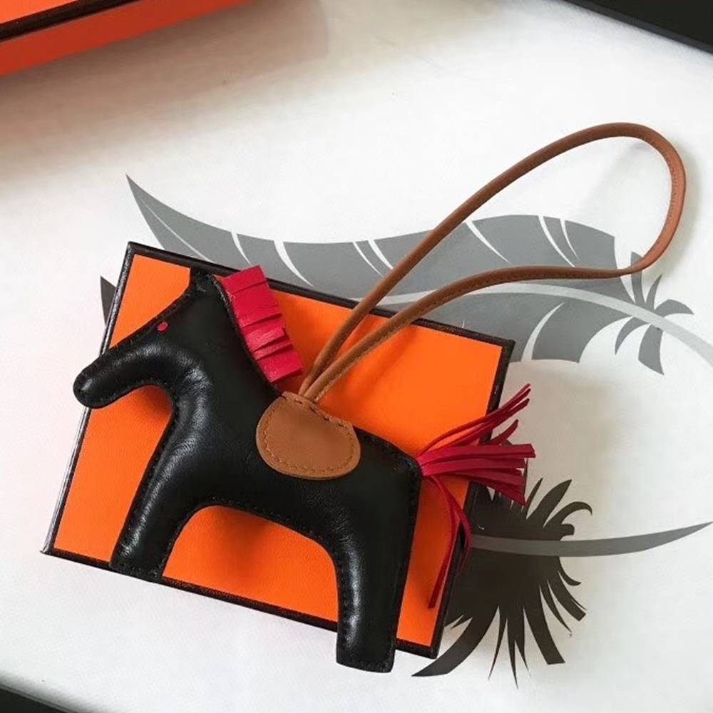 Hermes Rodeo Horse Bag Charm In Black Camarel Red Leather