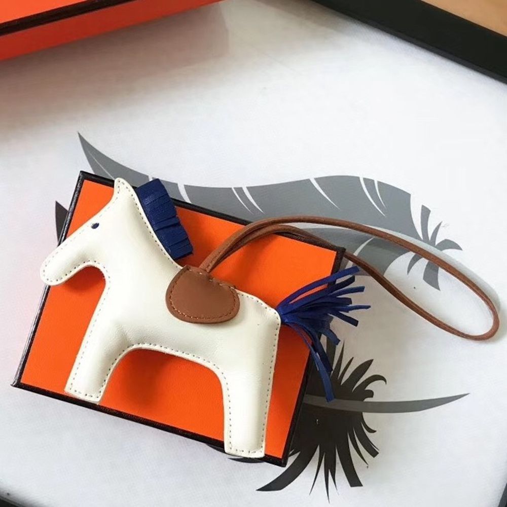 Hermes Rodeo Horse Bag Charm In White Camarel Blue Leather