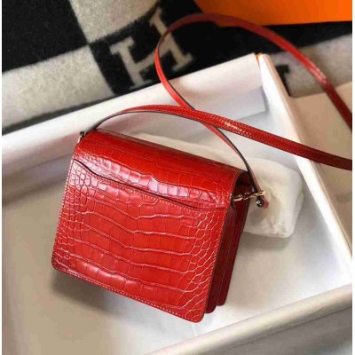 Hermes Roulis Mini Bag In Red Embossed Crocodile Calfskin