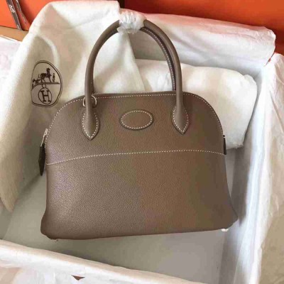 Hermes Taupe Clemence Bolide 27cm Handmade Bag