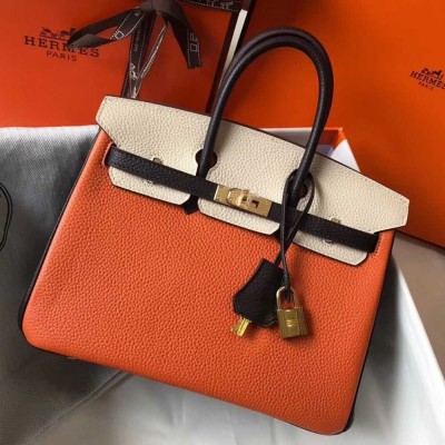 Hermes Tri-Color Birkin 25cm Bag In Orange White Black Clemence Leather