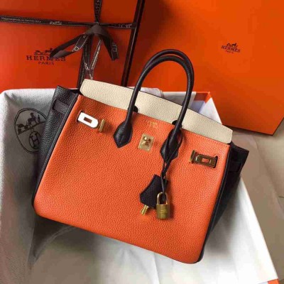 Hermes Tri-Color Birkin 25cm Bag In Orange White Black Clemence Leather