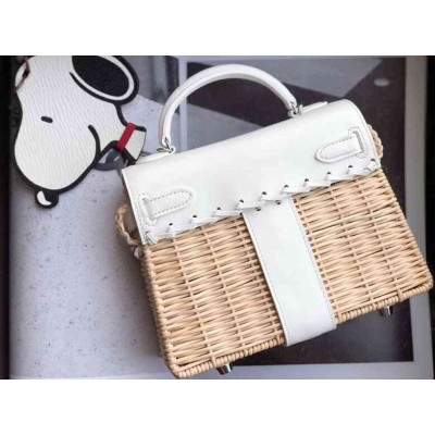 Hermes White Picnic Kelly Mini 20cm Wicker Bag
