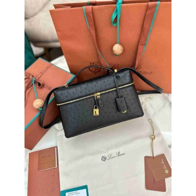 Loro Piana Extra Bag L27 in Black Ostrich Embossed Leather