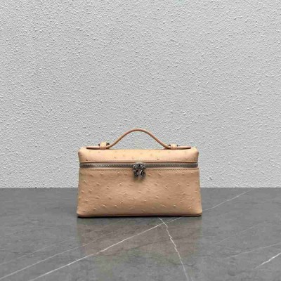 Loro Piana Extra Pocket Pouch L19 in Beige Ostrich-embossed Leather