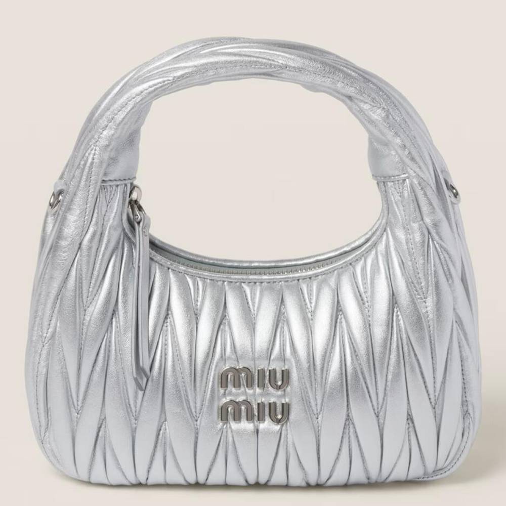 Miu Miu Wander Hobo Bag in Silver Matelasse Leather