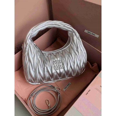 Miu Miu Wander Hobo Bag in Silver Matelasse Leather