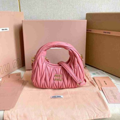 Miu Miu Wander Hobo Mini Bag in Begonia Pink Matelasse Leather