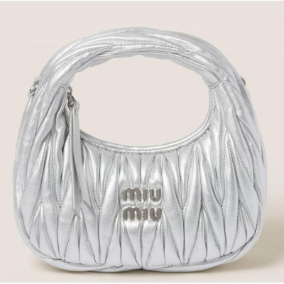 Miu Miu Wander Hobo Mini Bag in Silver Matelasse Leather