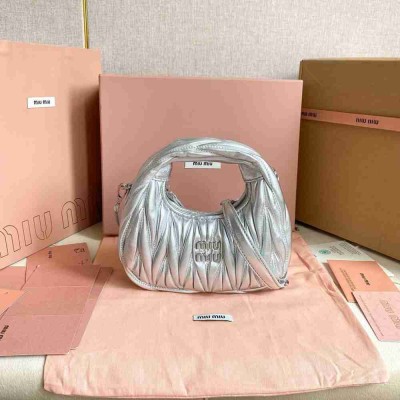 Miu Miu Wander Hobo Mini Bag in Silver Matelasse Leather