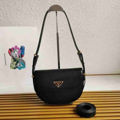Prada Arque Shoulder Bag with Flap in Black Leather