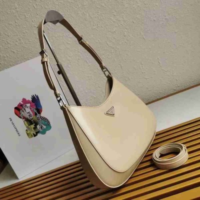 Prada Cleo Shoulder Large Bag In Beige Brushed Leather