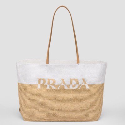 Prada Crochet Large Tote Bag in Beige White Raffia-effect Yarn