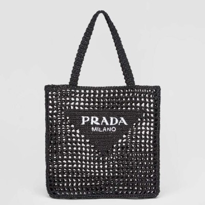 Prada Small Tote Bag In Black Woven Raffia