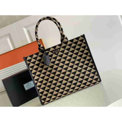 Prada Symbole Large Bag In Black Beige Jjacquard Fabric