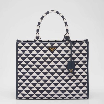 Prada Symbole Large Bag In White Blue Jjacquard Fabric