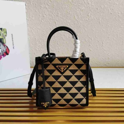 Prada Symbole Micro Bag In Black Beige Jjacquard Fabric