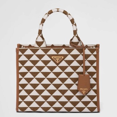 Prada Symbole Small Bag In White Brown Jjacquard Fabric