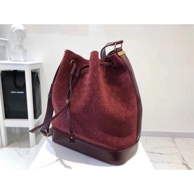 Saint Laurent Monogram All Over Bucket Bag In Bordeaux Suede