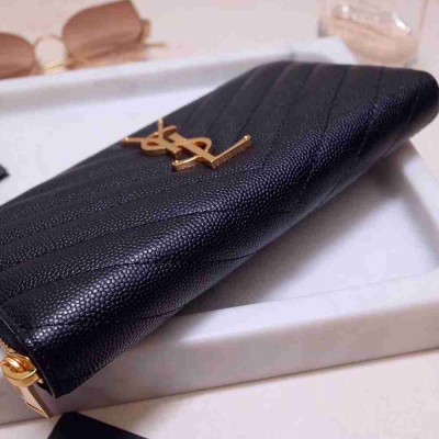 Saint Laurent Monogram Zip Around Wallet In Black Grained Leather