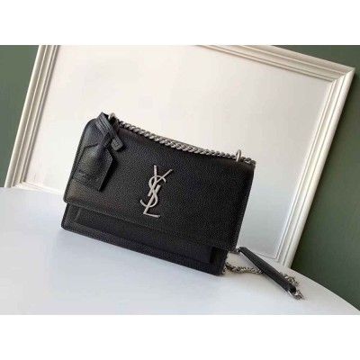Saint Laurent Sunset Medium Bag In Black Grained Leather