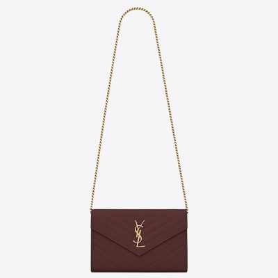 Saint Laurent WOC Monogram Chain Wallet In Bordeaux Leather