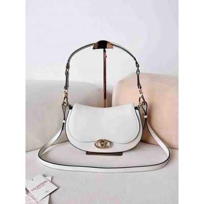 Valentino Garavani Ohval Small Shoulder Bag in White Calfskin