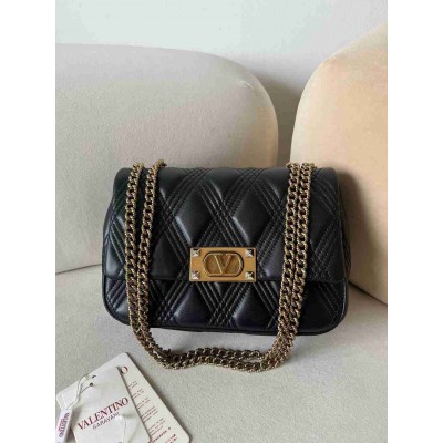 Valentino Quiltie 67 Meidum Shoulder Bag in Black Leather