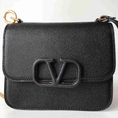 Valentino Small Vsling Shoulder Bag In Black Grainy Leather