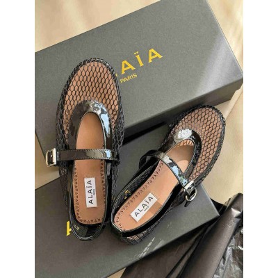Alaia Ballet Flats in Black Mesh with Patent Leather