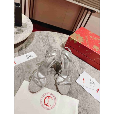 Christian Louboutin Emilie 100MM Sandals In Silver Glittered Leather