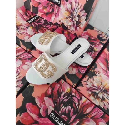 Dolce & Gabbana White Slides with Rhinestone DG Logo