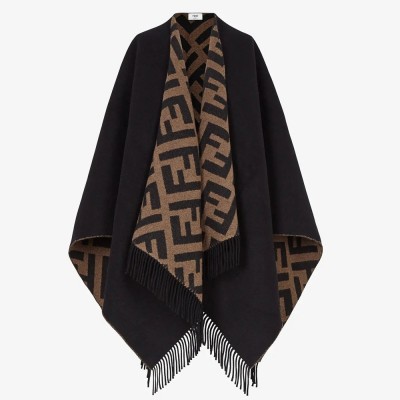 Fendi Black Brown Wool And Cashmere Poncho